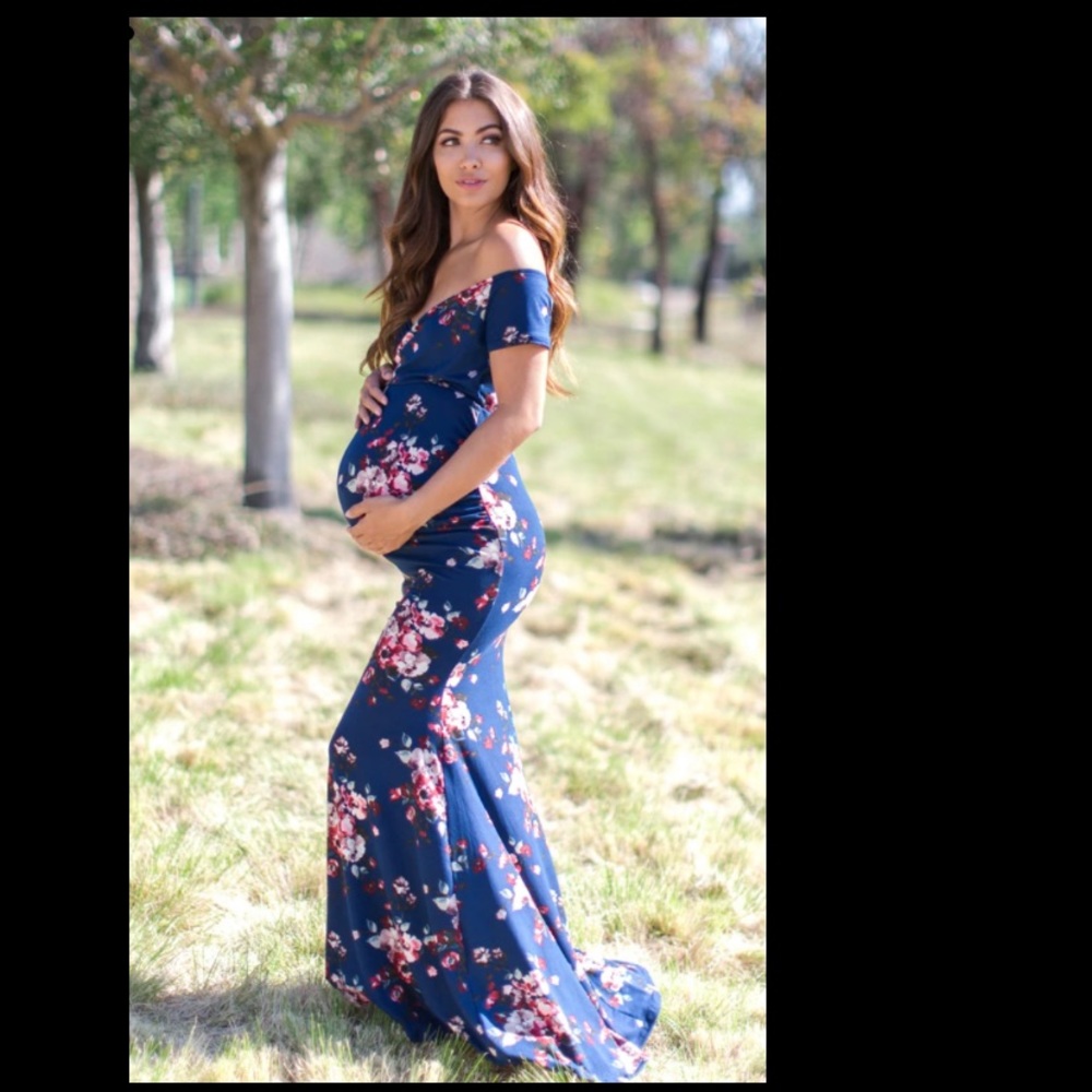 Pink Blush - Navy Floral Off Shoulder Wrap Maternity Photoshoot Gown/Dress
